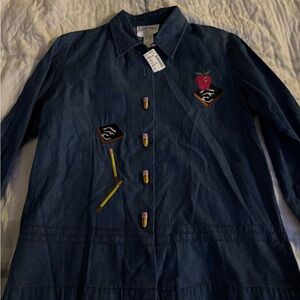 Embroidered Denim School-Themed Button Front top